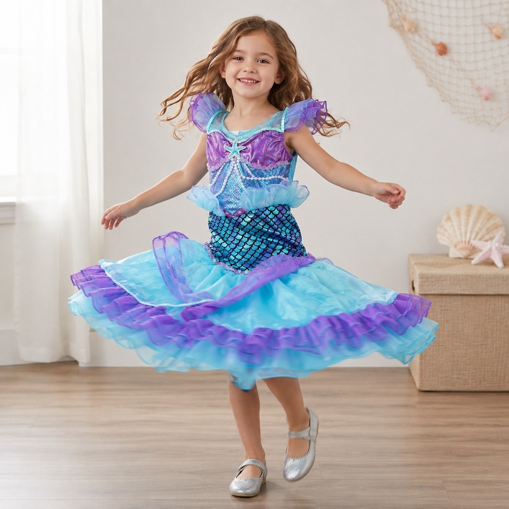 Kids Mermaid Costume Dress Teal Purple Sequin Scales Size 5-6 2210770